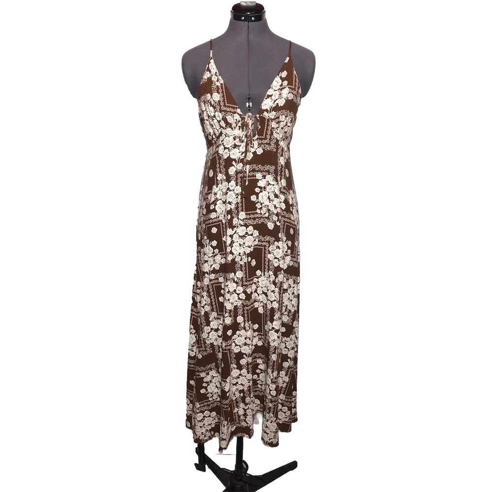 Paper‎ Heart Brown White Cutout Maxi Dress Open Back Tie Front Boho Festival L